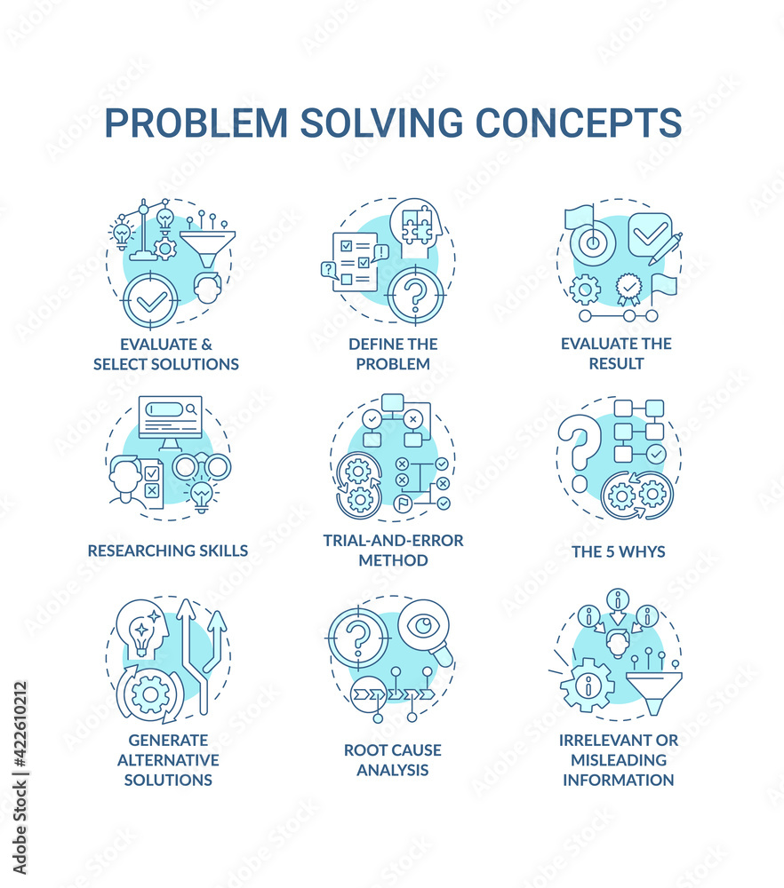 Problem solving blue concept icons set. Evaluate and select solution. Researching skills. Creative thinking idea thin line RGB color illustrations. Vector isolated outline drawings. Editable stroke