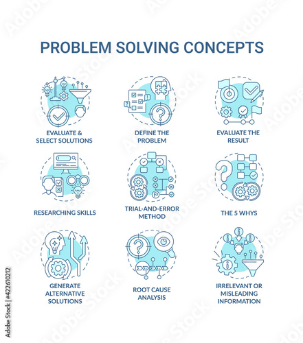 Problem solving blue concept icons set. Evaluate and select solution. Researching skills. Creative thinking idea thin line RGB color illustrations. Vector isolated outline drawings. Editable stroke