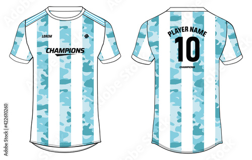 Sports jersey t shirt design concept vector template, Argentina football jersey concept with front and back view for Cricket, soccer, Volleyball, Rugby, tennis and badminton uniform