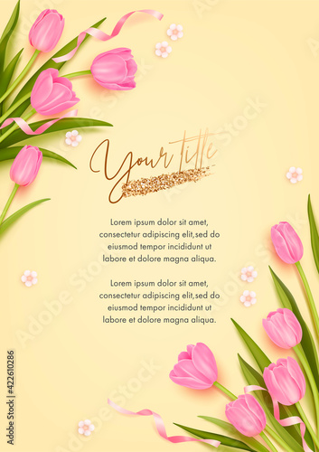 Greeting card design template. Vector illustration of realistic tulips and golden elements. Floral background for poster, cover, booklets, wedding invitation