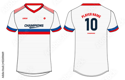 Sports jersey t shirt design concept vector template, Russia football jersey concept with front and back view for Cricket, soccer, Volleyball, Rugby, tennis and badminton uniform