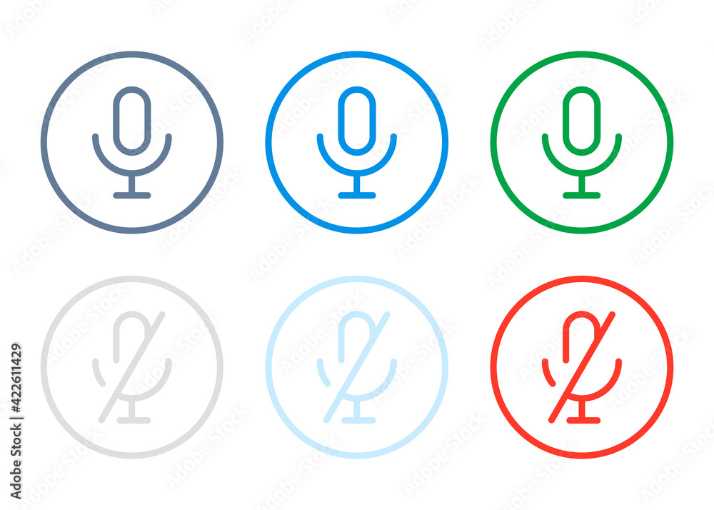 Mic and Speak active and disabled related icons. Basic color icons for Microphone and Mute speech. Mic and Speak active and disabled related icons. Basic color icons for Microphone and Mute speech.