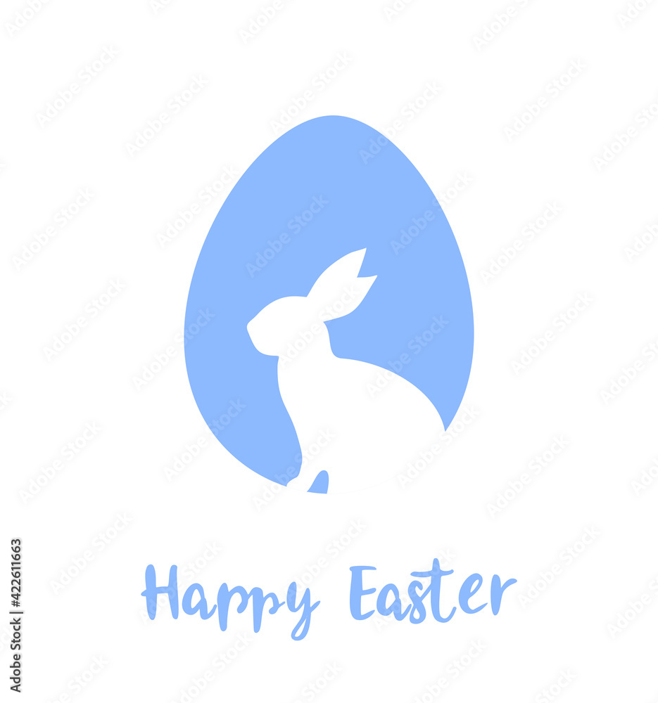 Obraz premium Silhouette of a white rabbit in a blue Easter egg on a white background. Easter greeting card