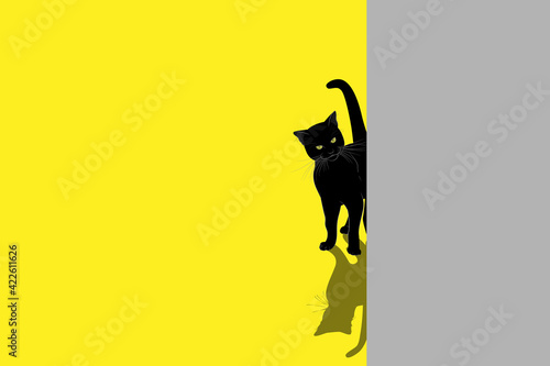 A black kitten peeks out from behind a gray wall. Contrasting silhouette of a cat with a shadow on a yellow background. Vector illustration with space for text.