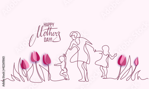 Happy Mother day card. Continuous one line drawing.