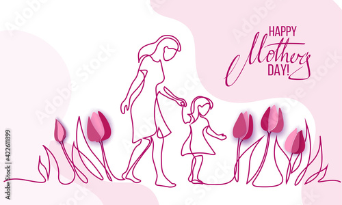 Happy Mother day card. Continuous one line drawing. photo
