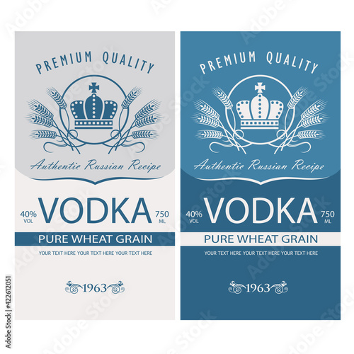 collection of vodka labels with royal crown and ears of wheat in retro style