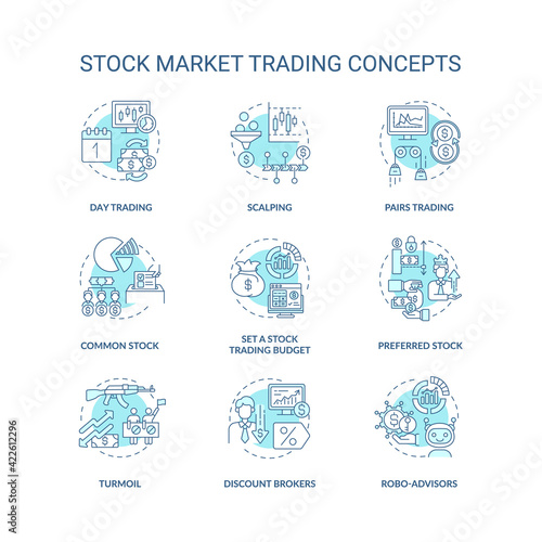 Stock market trading concept icons set. Investing in stock idea thin line RGB color illustrations. Common, preferred type. Turmoil. Achieving profits. Vector isolated outline drawings. Editable stroke