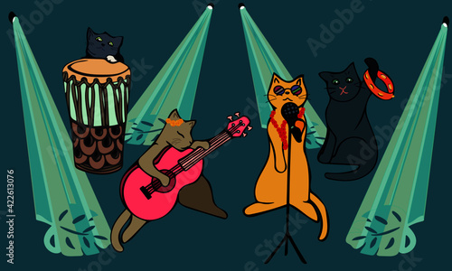 Cats playing music on stage with palm leaf lights. Hawaiian theme; instruments being played include drum, tambourine, ukulele and cat on a microphone.  