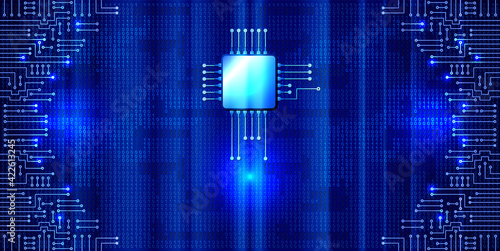 Modern electronic circuit and  binary code on blue glowing background. Digital nano technologies concept.