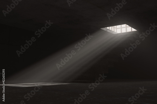 3d rendering of closed grunge ground floor with staircars and light rays from the bright room upstairs