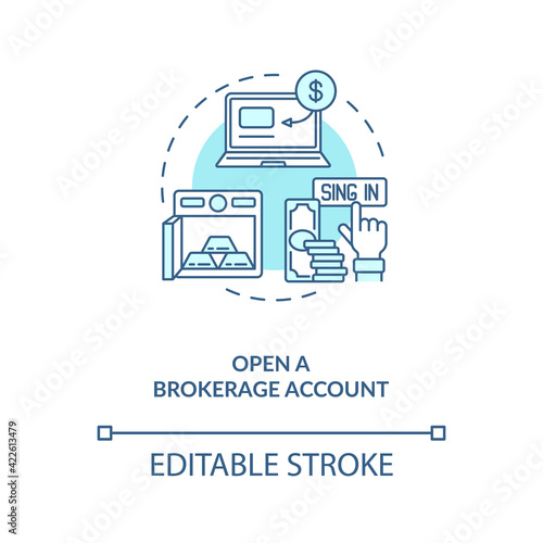 Opening brokerage account concept icon. Stock trading step idea thin line illustration. Buying and selling securities. Setting aside money. Vector isolated outline RGB color drawing. Editable stroke