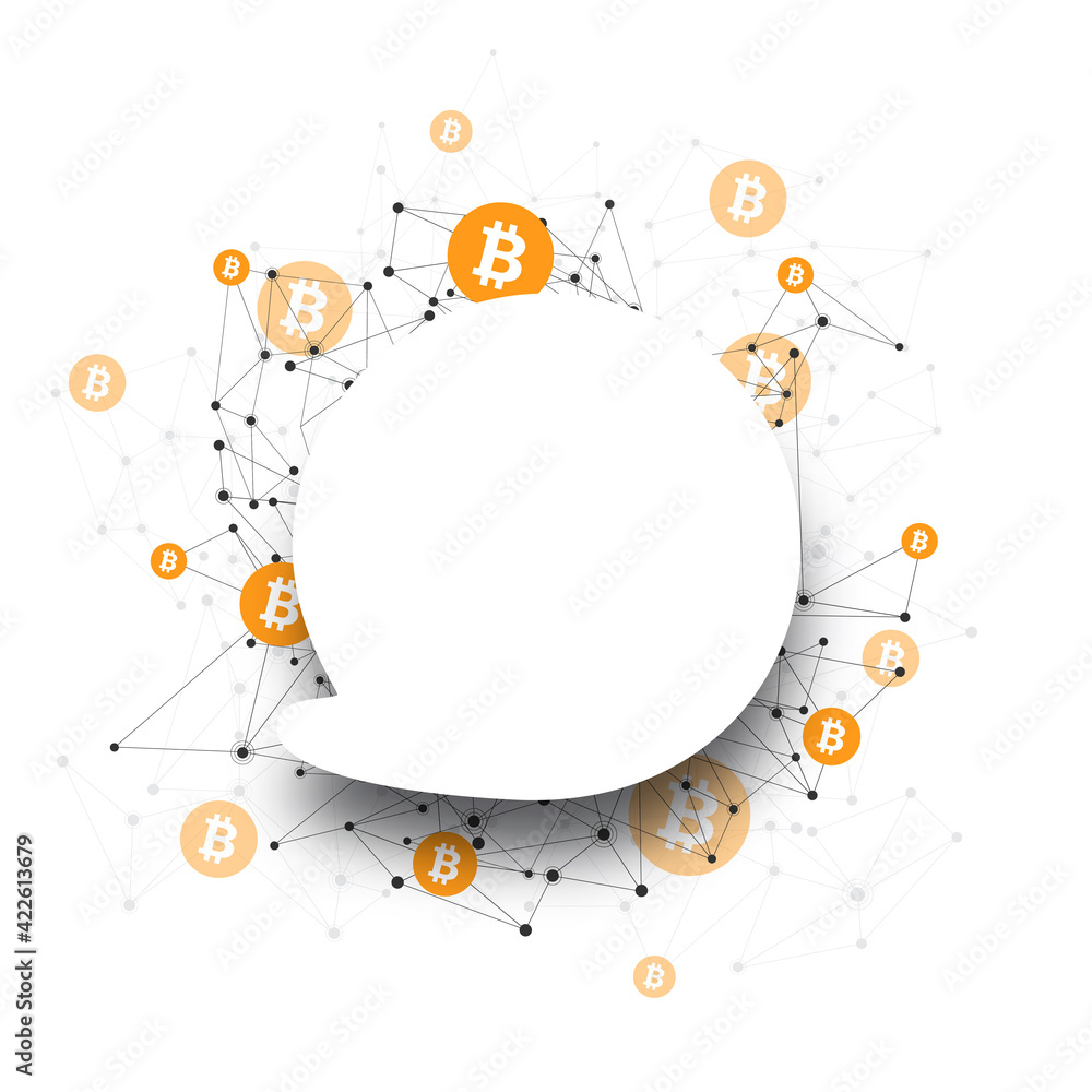 Abstract Bitcoin cryptocurrency speech bubble mesh background.