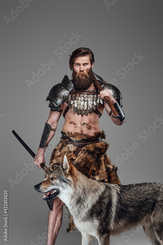 Authentic grimy viking wearing armor and his beautiful wolf