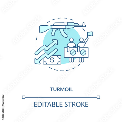 Turmoil concept icon. International stocks challenge idea thin line illustration. Financial crisis. Falling market. Stock prices affecting. Vector isolated outline RGB color drawing. Editable stroke