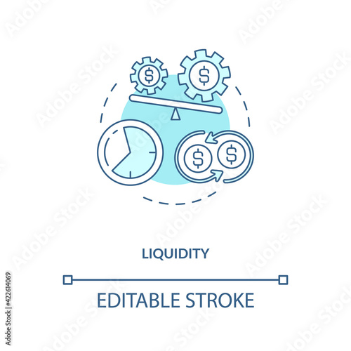 Liquidity concept icon. International stocks challenge idea thin line illustration. Impacting stock price. Illiquidity issue. Vector isolated outline RGB color drawing. Editable stroke