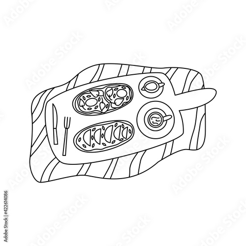 Tray with two sandwiches, cup of coffee and cream. Knife and fork. Tasty breakfast. Sandwiches with scrambled eggs, avocado slices, lunch or snack. Wooden board, towel. Black and white doodle vector