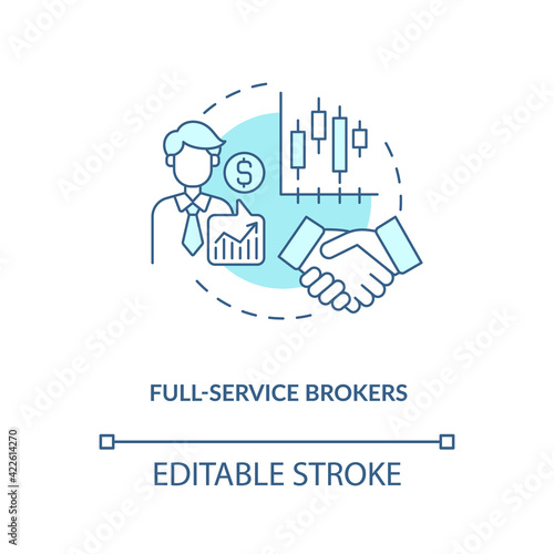 Full-service brokers concept icon. Broker type idea thin line illustration. Financial broker-dealer firm. Sectoral and stock analysis. Vector isolated outline RGB color drawing. Editable stroke