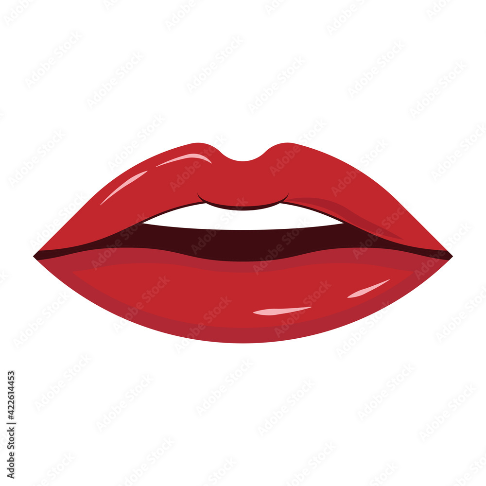 Red sensual woman lips icon. Glossy lipstick covered female mouth symbol. Vector illustration isolated on white background. Red sensual woman lips icon. Glossy lipstick covered female mouth symbol. Vector illustration isolated on white background.
