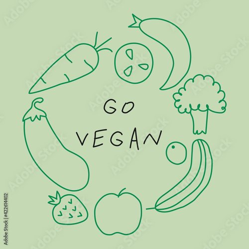 Motivational Eco poster for Earth Day with lettering Go Vegan, hand drawn illustration in modern, trendy colors.