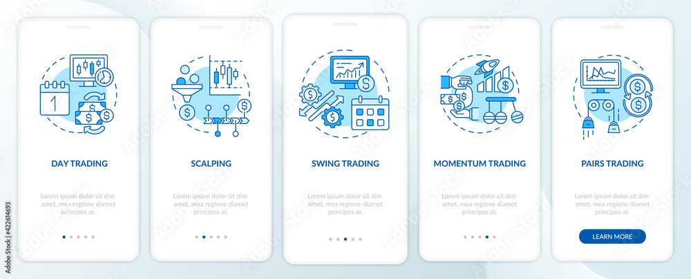 Stock trade approaches onboarding mobile app page screen with concepts. Scalping, swing types walkthrough 5 steps graphic instructions. UI, UX, GUI vector template with linear color illustrations Stock trade approaches onboarding mobile app page screen with concepts. Scalping, swing types walkthrough 5 steps graphic instructions. UI, UX, GUI vector template with linear color illustrations