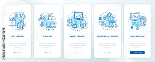Stock trade approaches onboarding mobile app page screen with concepts. Scalping, swing types walkthrough 5 steps graphic instructions. UI, UX, GUI vector template with linear color illustrations
