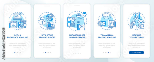 Stock trading path onboarding mobile app page screen with concepts. Broker account, budget plan walkthrough 5 steps graphic instructions. UI, UX, GUI vector template with linear color illustrations