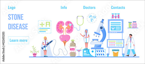 Urarthritis, ureteroscopy concept vector for medical website. Urologist, nephritis illustration. Tiny doctor treats kidneys. Pyelonephritis and kidney stones diseases.