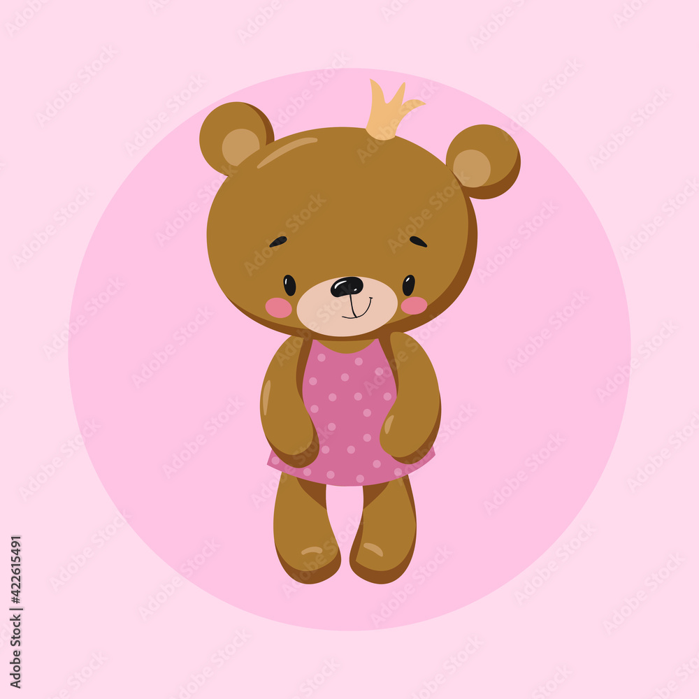 Сute teddy bear in a pink dress with a crown on his head Сute teddy bear in a pink dress with a crown on his head
