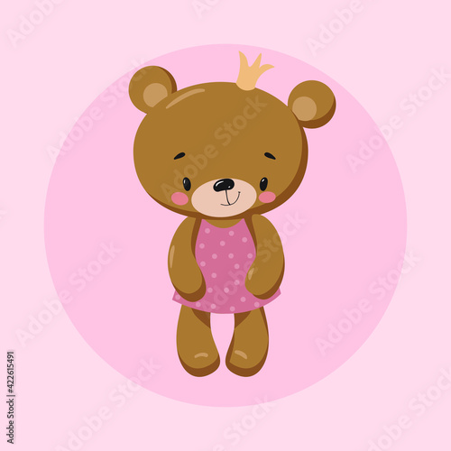 Сute teddy bear in a pink dress with a crown on his head