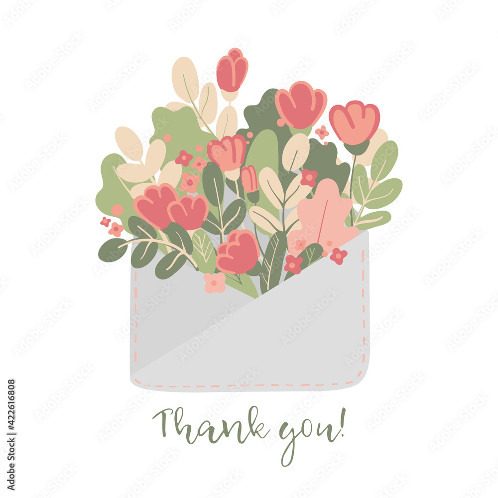 Thank you! Envelope with pink flowers and green leaves. Cute romantic card. Gratitude poster.  Gratefulness. Vector hand drawn illustration on white background.
