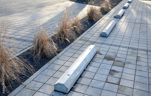 parking in the parking lot at the flowerbed in the shape of a lane with ornamental dry grasses. Stops for vehicles when parking made of concrete. metal posts separate the road and sidewalk. photo