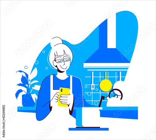 An elderly beautiful lady in an apron in the kitchen uses a smartphone to write or view recipes. Vector flat illustration isolated on white background. Blue and yellow colors.