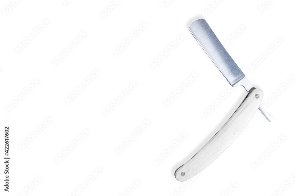 Straight metal razor with a wooden handle.