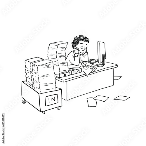 Caricature cartoon ink drawing of the office employer at the desk has a paperwork rush