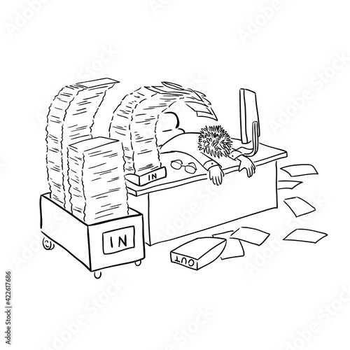 Caricature cartoon ink drawing of the office employer at the desk has a paperwork rush