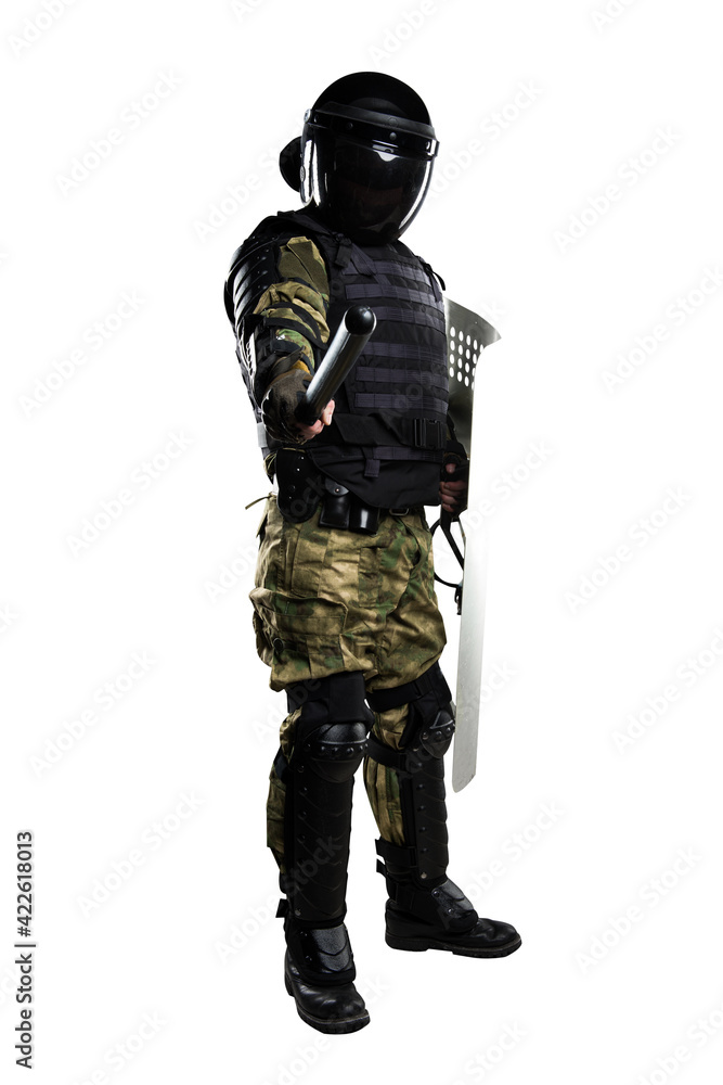 Soldiers in full uniform with armor, baton, protective shield. Uniform conforms to Police Special Purpose Mobile Unit (rosgvardia). Patch on the rude with the inscription Rosgvardia in Russian.