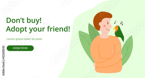 Pet shelter banner, vector illustration of boy with parrot for web-sites