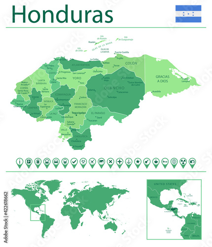 Honduras detailed map and flag. Honduras on world map.
