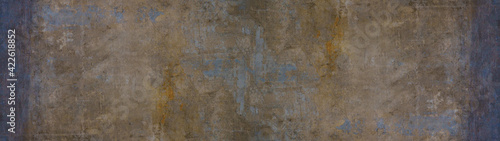 Old brown gray blue rusty vintage worn shabby patchwork motif tiles stone concrete cement wall texture background banner panorama wallpaper © Corri Seizinger