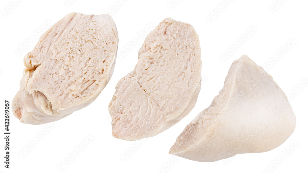 Pieces of boiled chicken breast isolated on white background