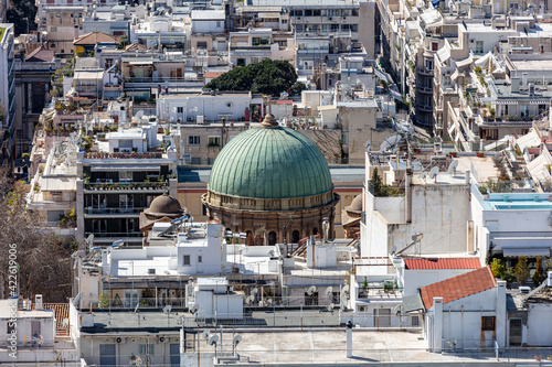 Athens city Greece and Dionisios Areopagitis church dome aerial view from Lycabettus mount. . photo