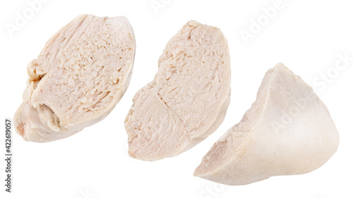 Obraz na płótnie Pieces of boiled chicken breast isolated on white background w salonie