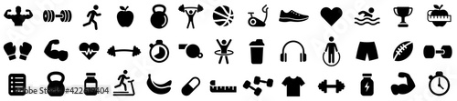 Fitness icons set. Sport and gum simple icon collection. Vector