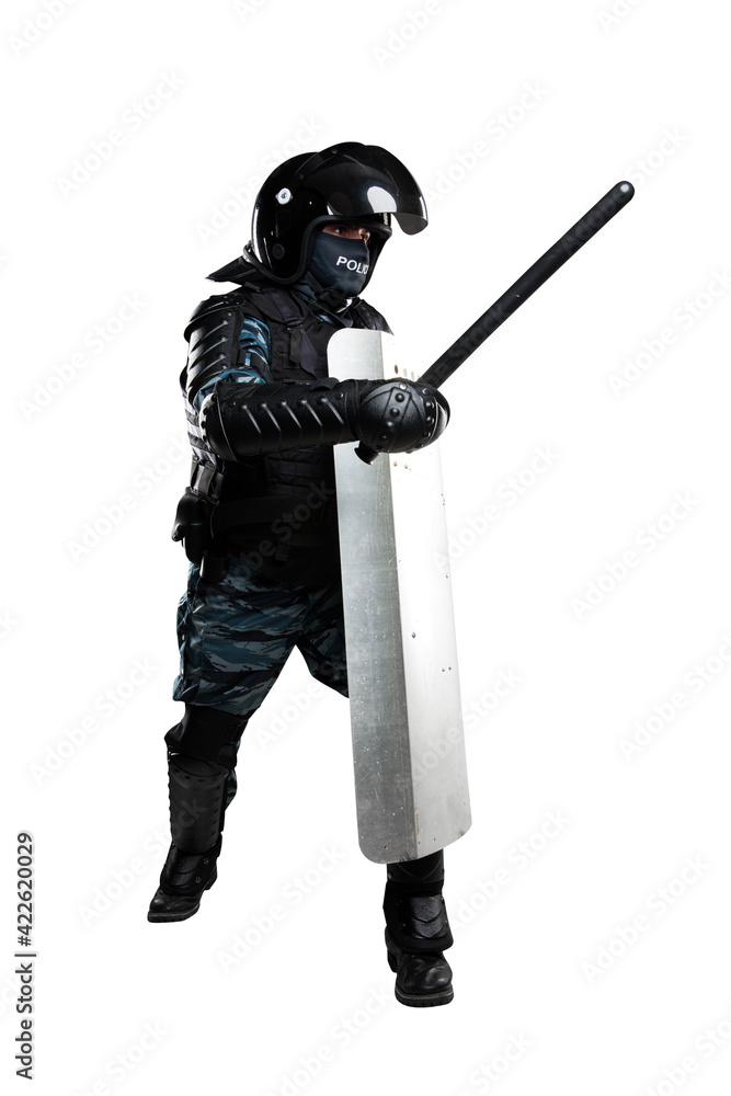 Soldiers in full uniform with armor, baton, protective shield. Uniform conforms to Police Special Purpose Mobile Unit. Patch on the rude with the inscription Police in Russian. White background Soldiers in full uniform with armor, baton, protective shield. Uniform conforms to Police Special Purpose Mobile Unit. Patch on the rude with the inscription Police in Russian. White background