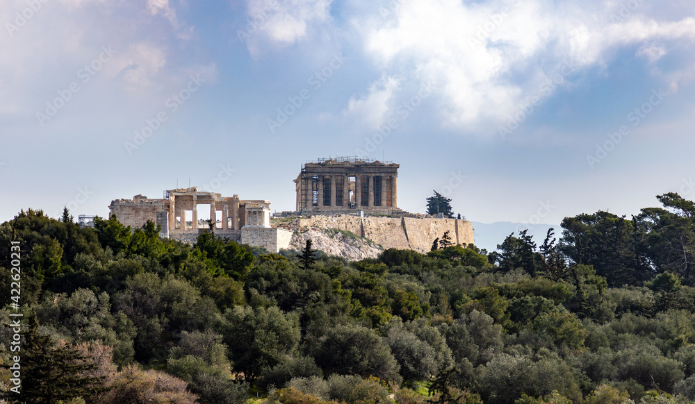 Acropolis rock view from Filopappou hill, Athens, Greece.