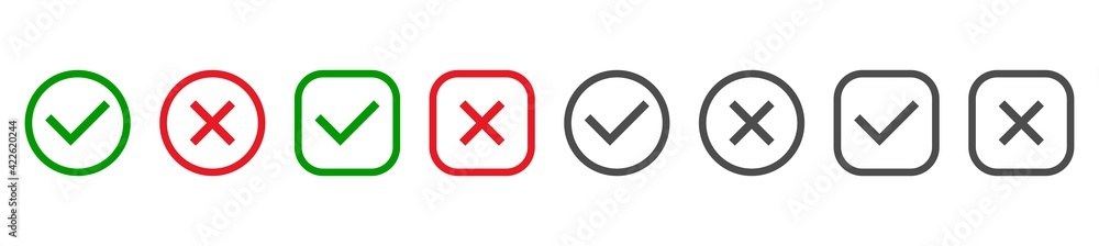 Check marks and cross mark set. Green tick and red cross in circle and square shape. YES or NO symbol. Concept of checklist, reject or accept. Vector illustration Check marks and cross mark set. Green tick and red cross in circle and square shape. YES or NO symbol. Concept of checklist, reject or accept. Vector illustration