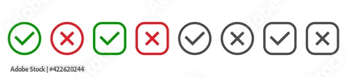 Check marks and cross mark set. Green tick and red cross in circle and square shape. YES or NO symbol. Concept of checklist, reject or accept. Vector illustration