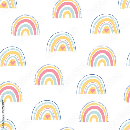 Rainbow seamless pattern. Unique hand drawn rainbow texture. Cute kid nursery background in pastel colors. Baby shower. Lovely cartoon rainbows for wallpaper, fabric, apparel. Vector illustration