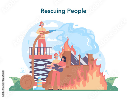 Fireman concept. Professional fire brigade firhting with flame